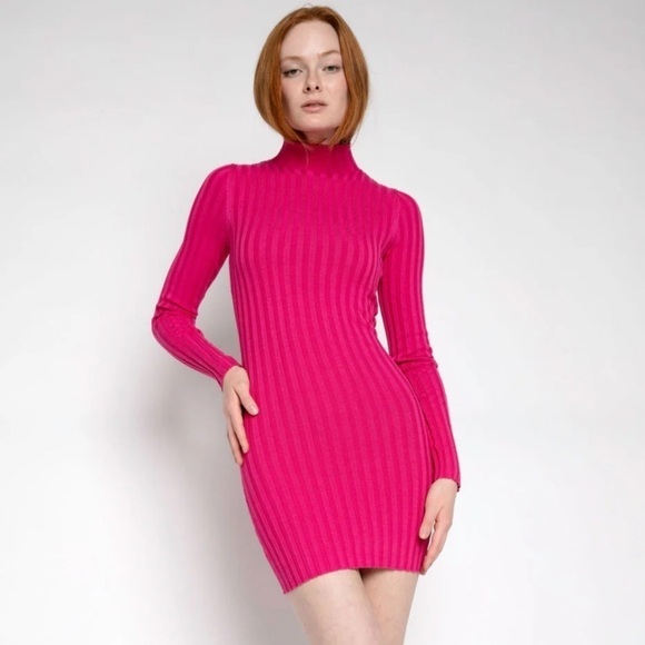 Zara Dresses & Skirts - Zara Two Tone Pink Orange Ribbed Knit Bodycon Mock Neck Mini Dress Small